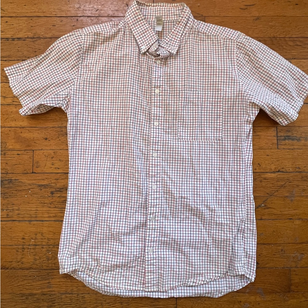 Plaid button up in red white and blue
